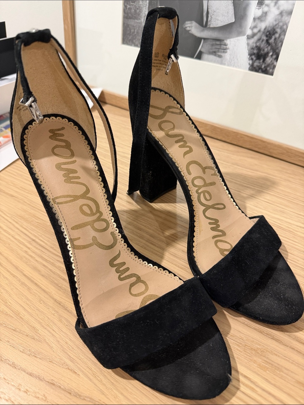 Sam Edelman Black Suede Ankle Strap Block Heel Sandals